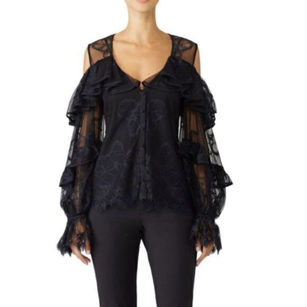 ALEXIS EUC Black Lace Edina Sheer Cold-shoulder Peplum Top MEDIUM